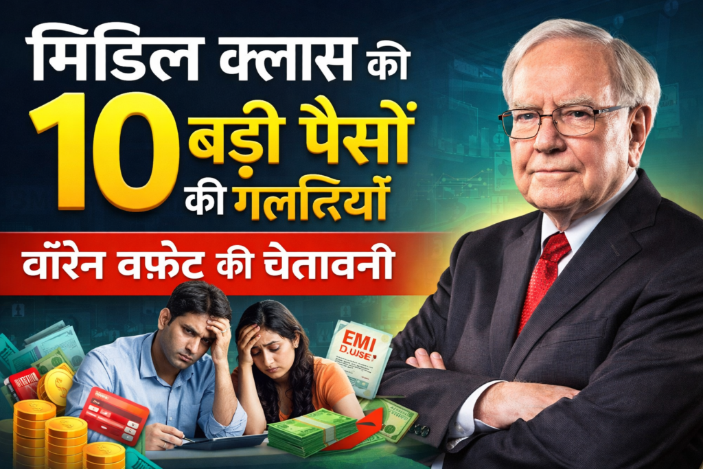 मिडिल क्लास की फाइनेंशियल गलतियों को दर्शाता डिजिटल थंबनेल, जिसमें Warren Buffett के साथ सेविंग, EMI, और मनी मैनेजमेंट से जुड़े ग्राफिक्स दिखाए गए हैं
