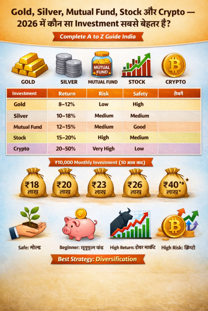 Gold vs Silver vs Mutual Fund vs Stock vs Crypto – 2026 में कहाँ Invest करें? Best Investment Comparison India 2026
