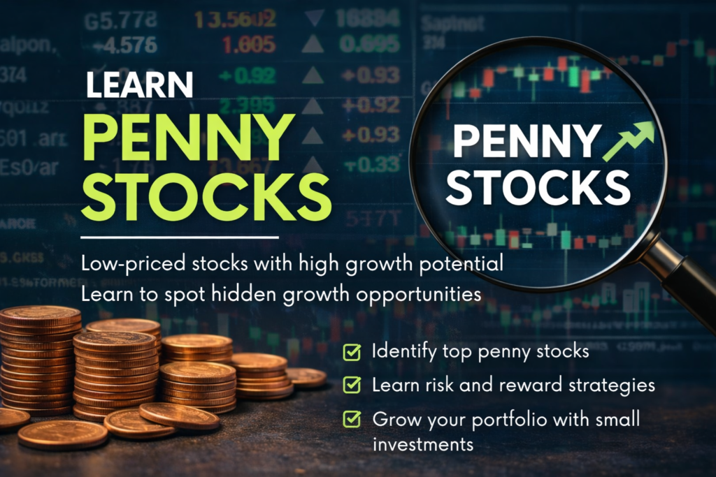 Penny Stocks क्या होते हैं? पूरी जानकारी, फायदे, नुकसान और उदाहरण (2026) "Penny stocks trading analysis on multiple screens"