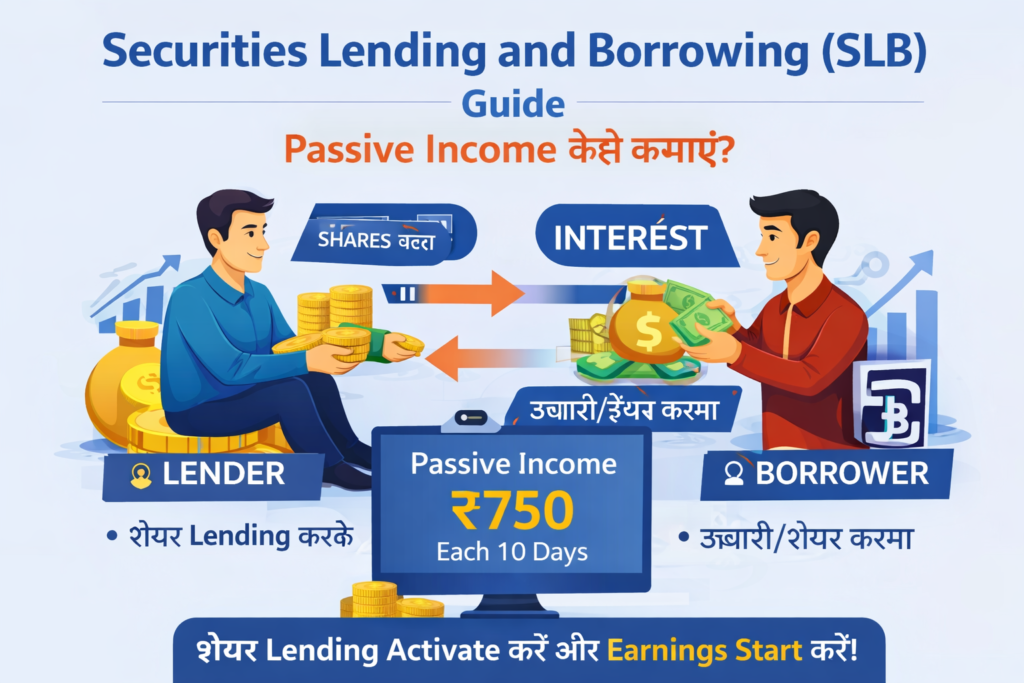 Securities Lending and Borrowing (SLB) क्या है? कैसे Activate करें और Interest से Passive Income कमाएं (2026 Complete Guide) SLB passive income example India showing ₹750 earnings from share lending securities lending borrowing guide 2026
