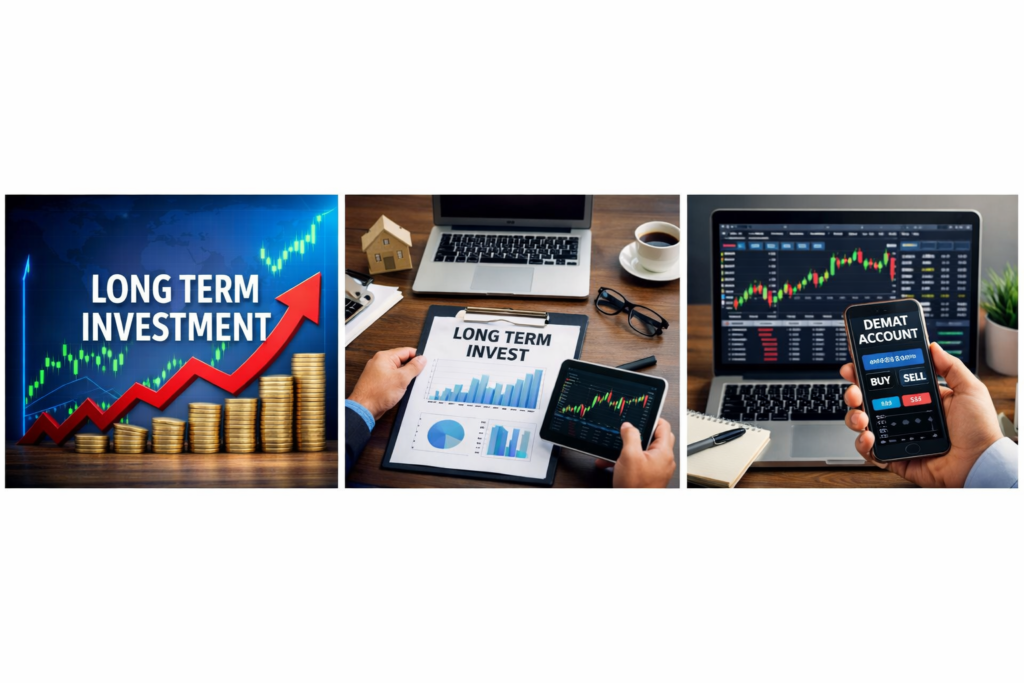 demat account stock market investment india laptop trading screen