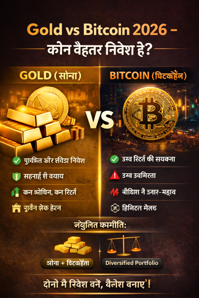 Gold vs Bitcoin 2026 तुलना इन्फोग्राफिक जिसमें सोना और बिटकॉइन के बीच सुरक्षा, रिटर्न और जोखिम का अंतर दिखाया गया है।