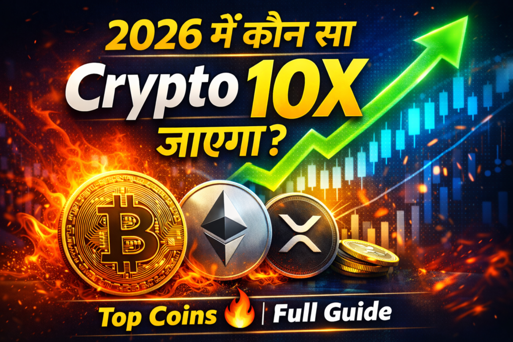 2026 में कौन सा Crypto 10X जाएगा? पूरी जानकारी (विस्तृत गाइड) 2026 में कौन सा crypto 10X जाएगा इस पर आधारित thumbnail जिसमें Bitcoin, Ethereum, XRP और upward growth chart दिखाया गया है