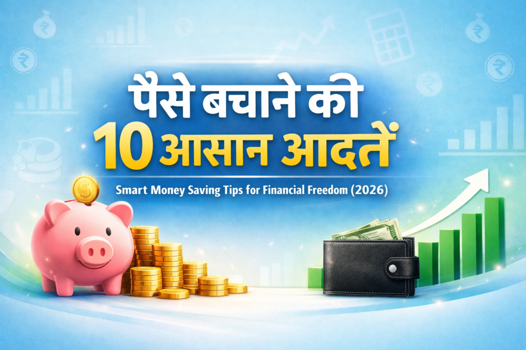 पैसे बचाने की 10 आसान आदतें दिखाता हुआ फाइनेंस ब्लॉग इमेज जिसमें पिगी बैंक, कॉइन और ग्रोथ ग्राफ शामिल हैं।