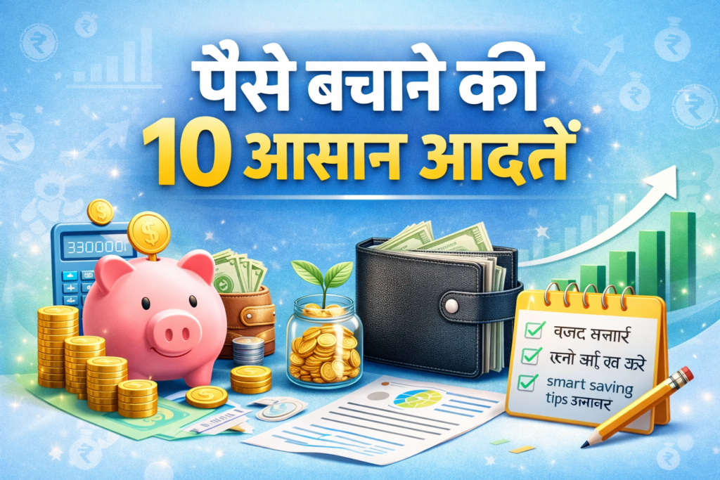 मनी सेविंग टिप्स दर्शाता हुआ ब्लॉग बैनर जिसमें वॉलेट, कैलकुलेटर, कॉइन्स और बजट प्लानिंग आइकन दिखाए गए हैं।