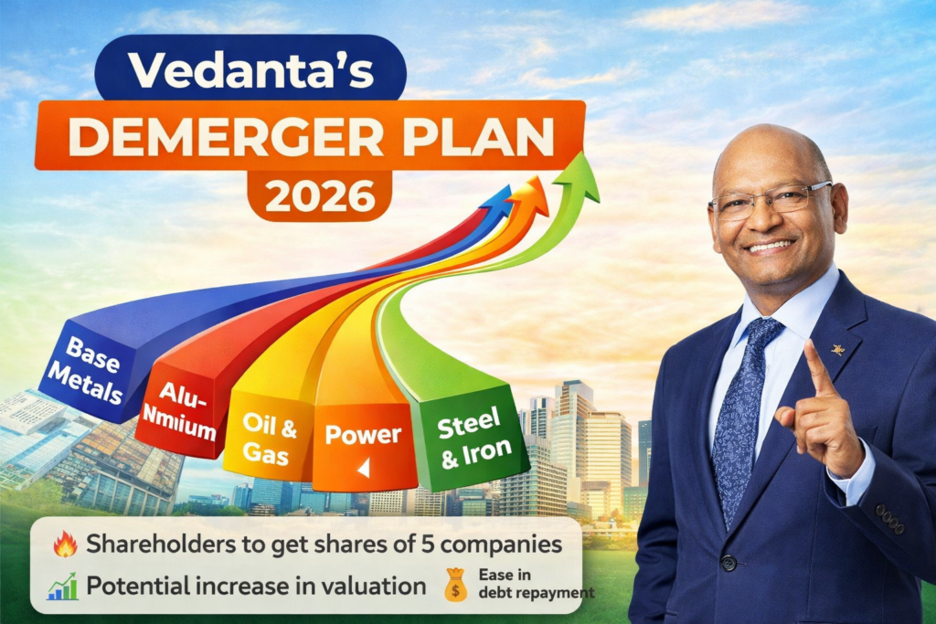 वेदांता डिमर्जर प्लान 2026 इमेज जिसमें अनिल अग्रवाल और 5 बिजनेस सेगमेंट दिखाए गए हैं